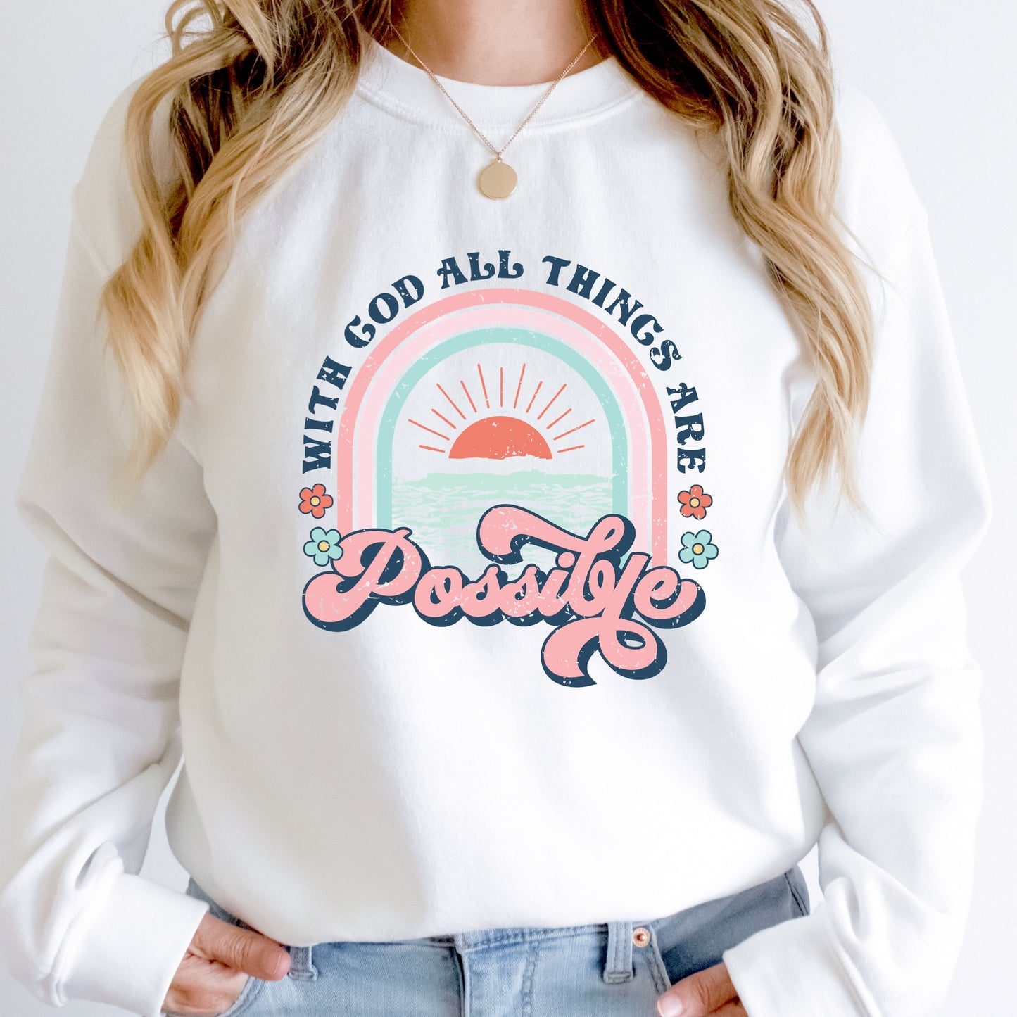 Faith-Based graphic iron on with the words "With God All Things are possible" Pink, Aqua, Coral and Navy Letters - DTF Iron on Transfer - Sublimation Iron on Transfer