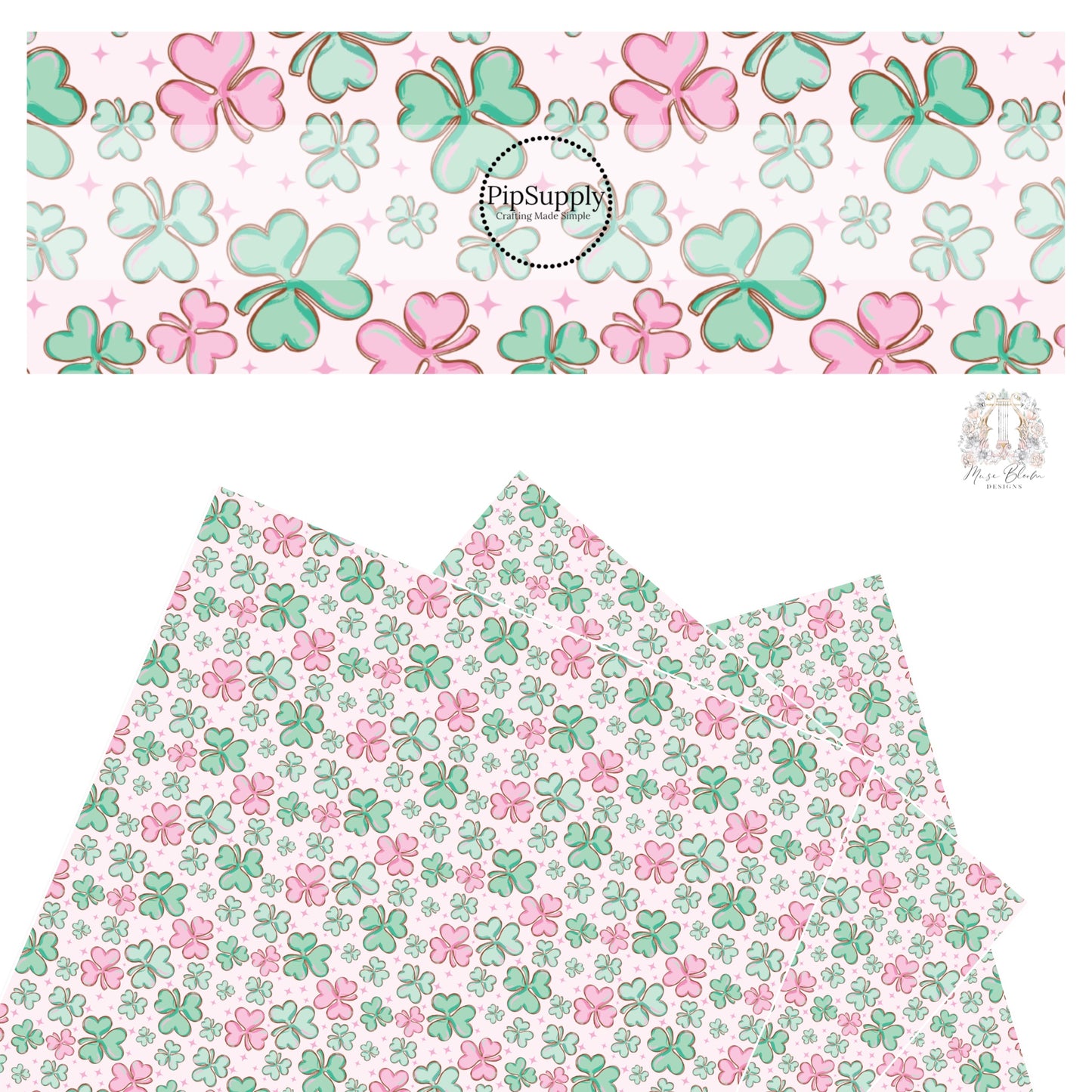Pink and green clovers with pink stars on pink faux leather sheet