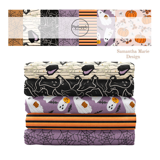 Purple, orange, black, and cream ghost, coffins, pumpkins and stripes high quality fabric adaptable for all your crafting needs. Make cute baby headwraps, fun girl hairbows, knotted headbands for adults or kids, clothing, and more!