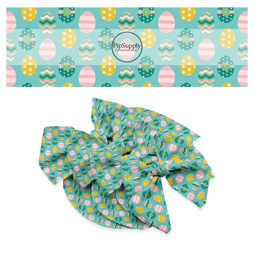 Pink egg with stripes, yellow egg with pink polka dots, green and pink chevron egg, teal egg with white polka dots and green flowers on teal bow strips