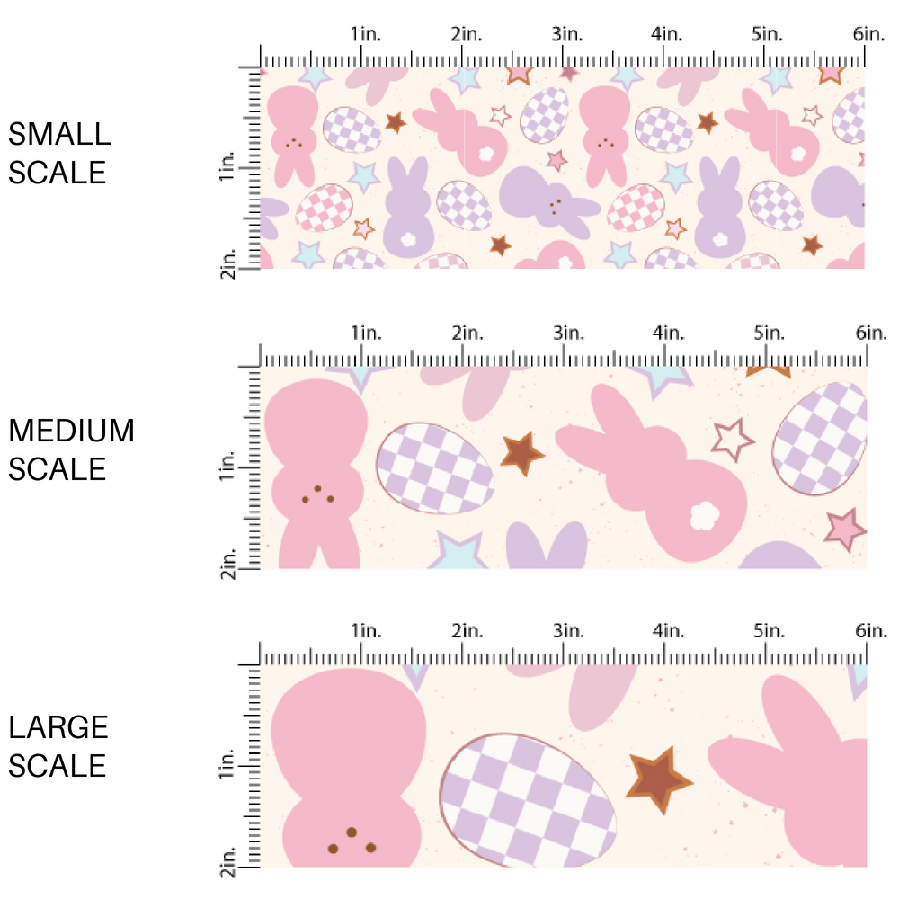 Easter Bunny fabric by the yard - Cream fabric with pink and lavender peep shaped bunnies and lavender checkered easter eggs.