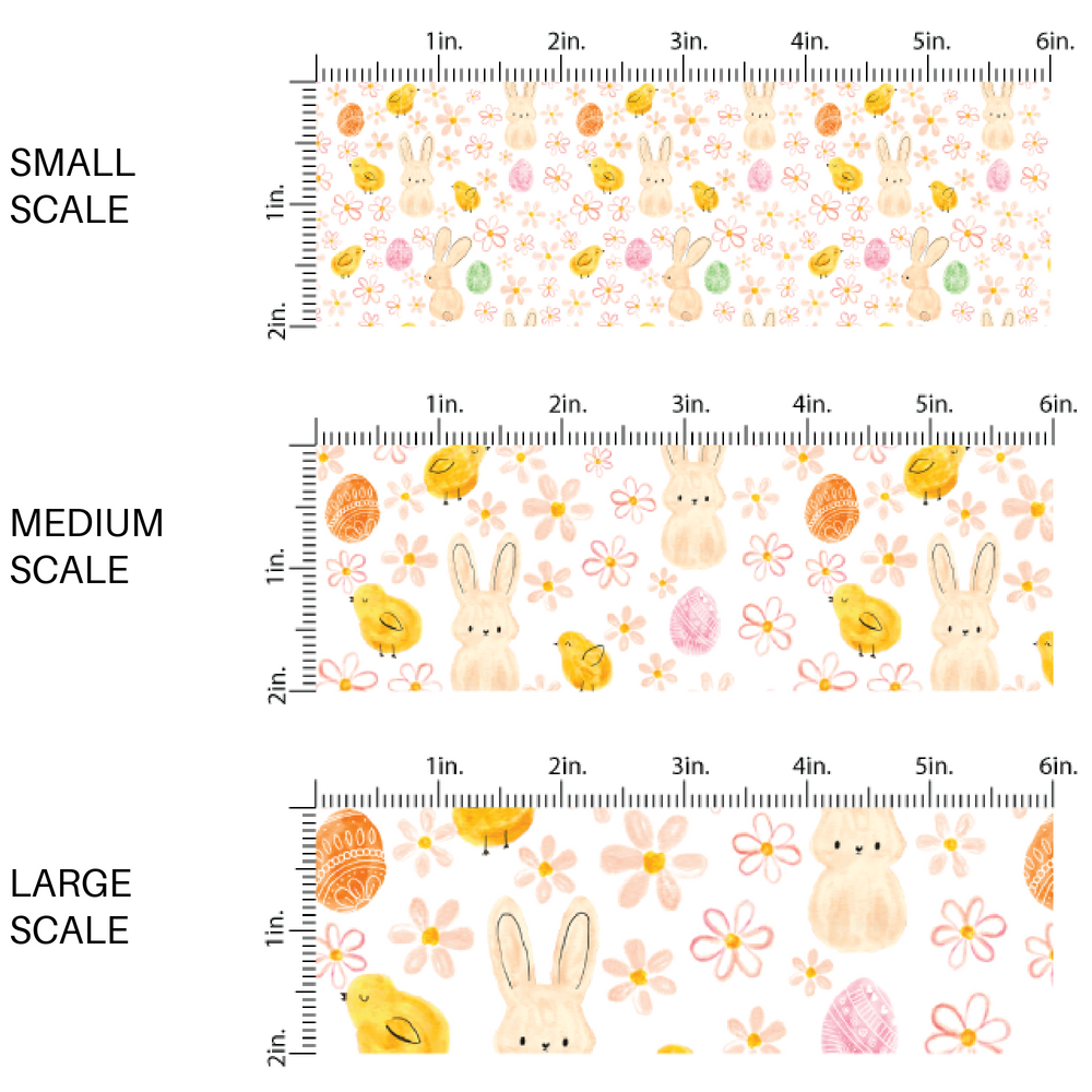 White fabric by the yard scaled image guide with watercolor bunnies, flowers, and baby chicks - Easter Fabric
