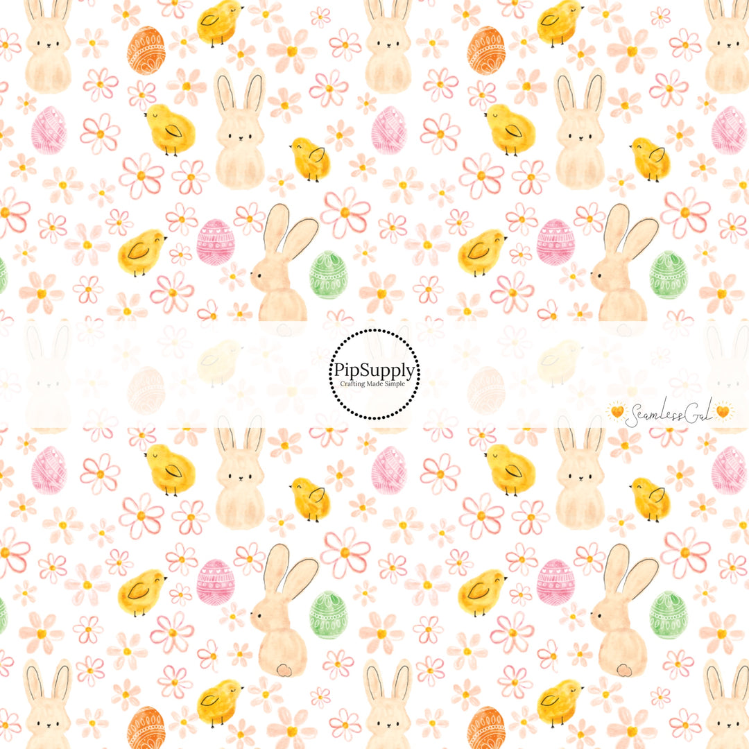 White fabric by the yard with watercolor bunnies, flowers, and baby chicks - Easter Fabric