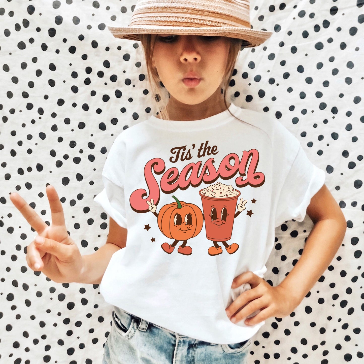 "Tis the Season" animated pumpkin and pumpkin spice latte drink iron on heat transfer.