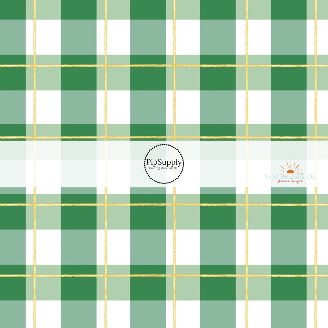 Green and white plaid fabric by the yard with gold accents