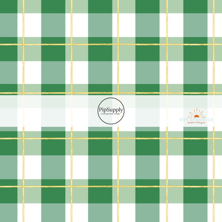 Green and white plaid fabric by the yard with gold accents