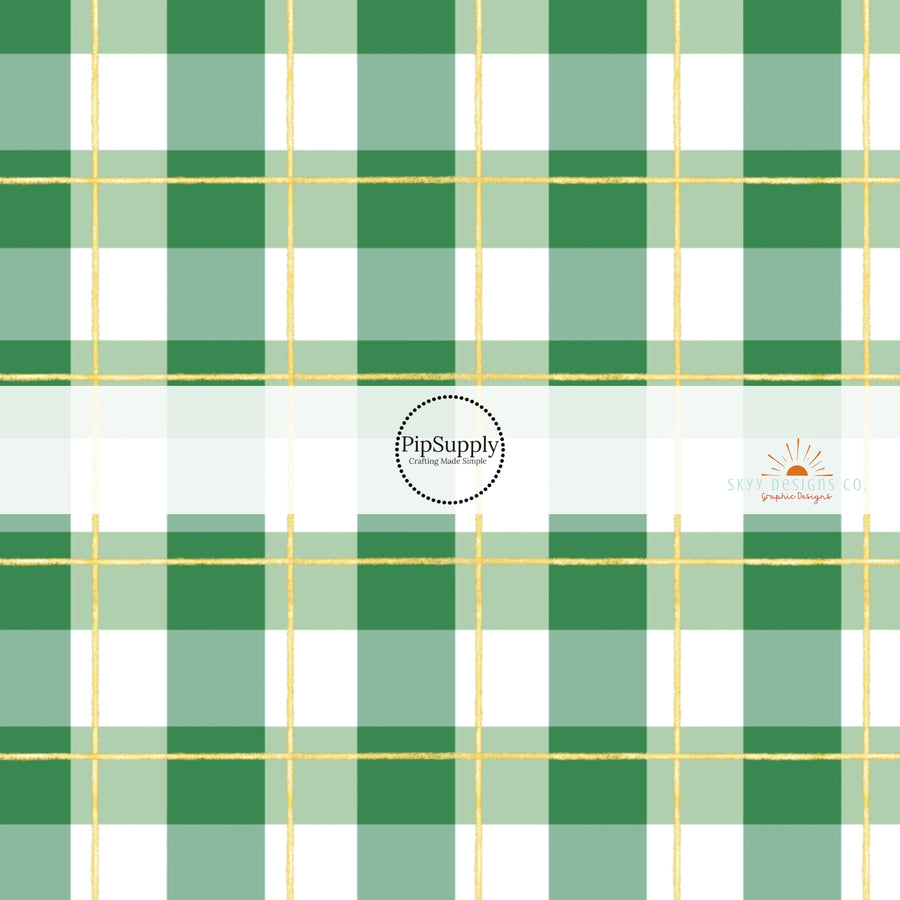 Green and white plaid fabric by the yard with gold accents