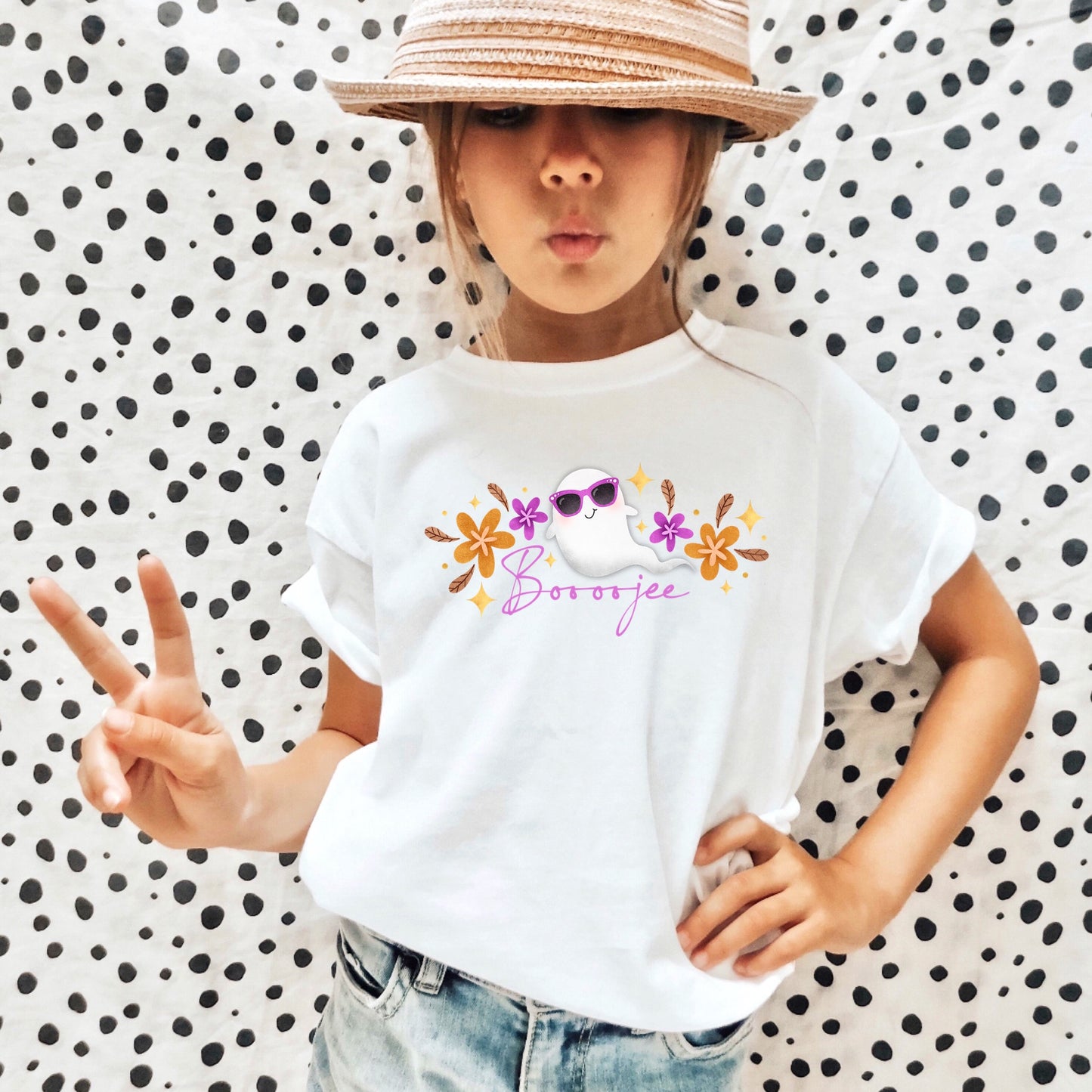 Ghost in sunglasses and the phrase " BOO-Jee Halloween" Iron on heat transfer