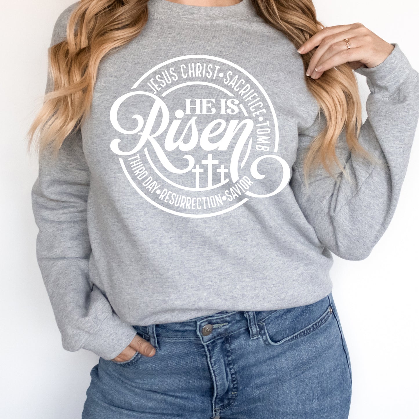 White "He Is Risen" Easter iron on heat transfer - Sublimation Transfer