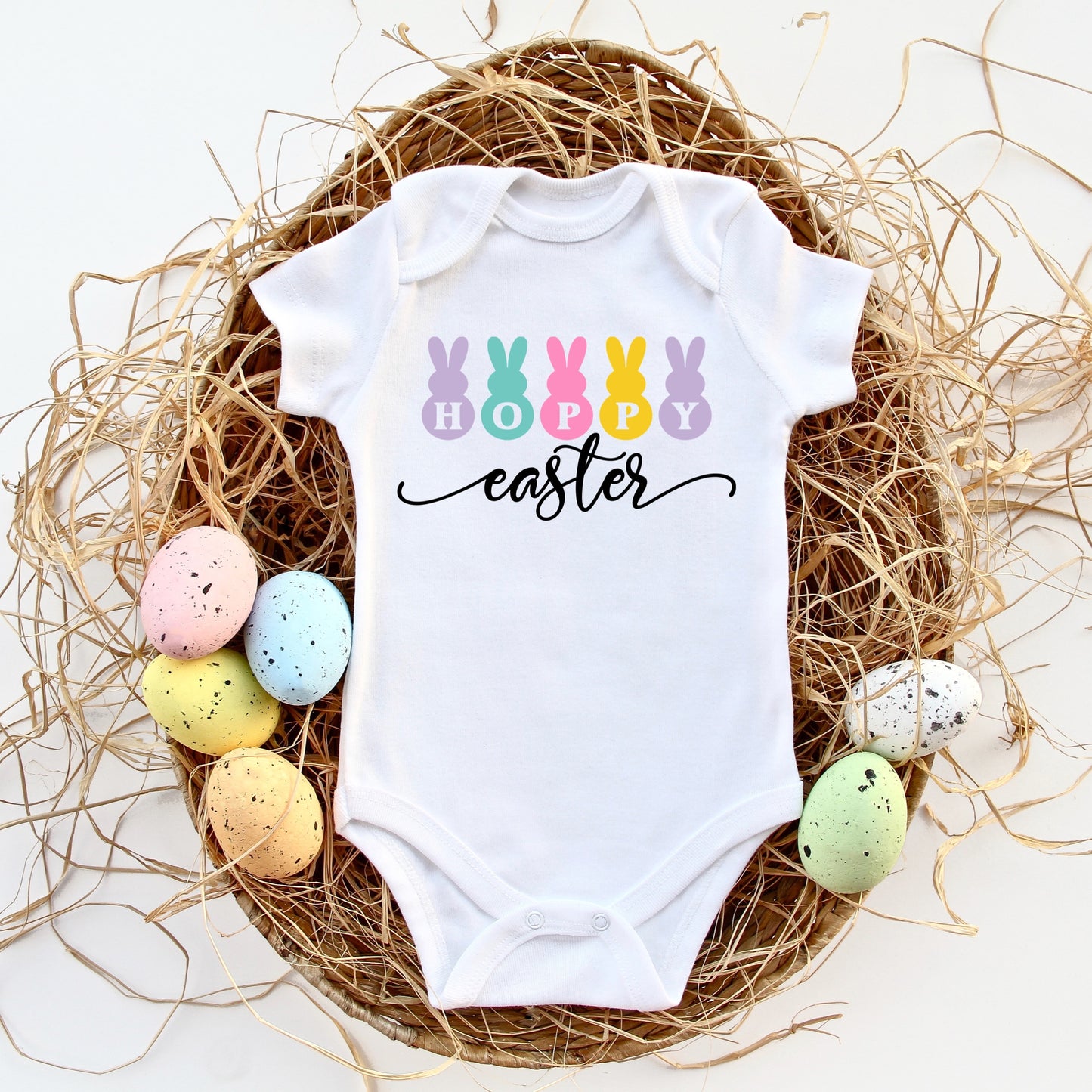 Pastel Bunny Tails "Hoppy Easter" Iron On heat transfer black font - Easter Sublimation - DTF