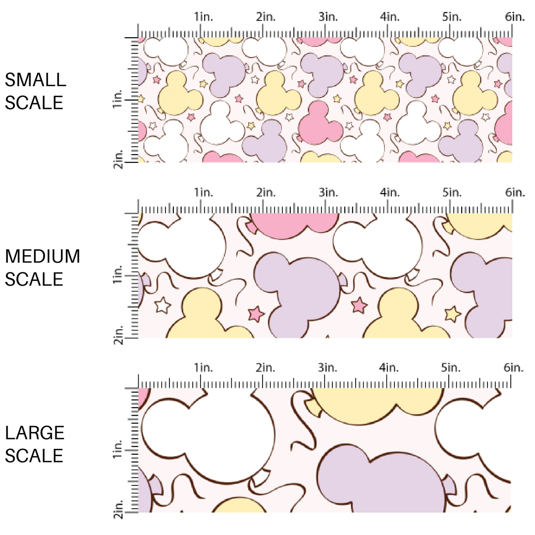 Light pink fabric by the yard scaled image guide with pastel purple, pink, and yellow mouse balloons.