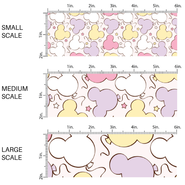 Light pink fabric by the yard scaled image guide with pastel purple, pink, and yellow mouse balloons.