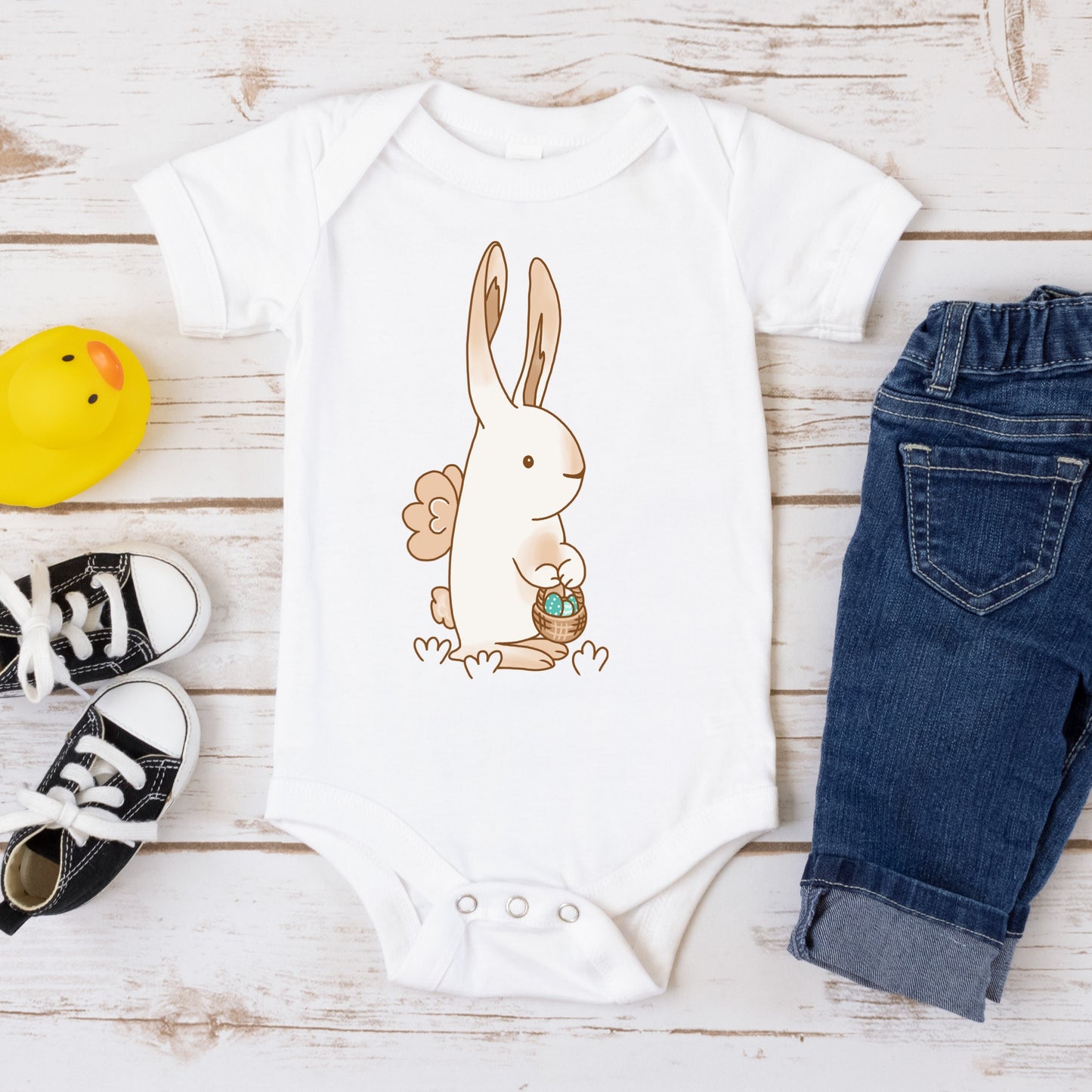 Animated Easter Bunny Holding an Easter Basket with blue Easter eggs