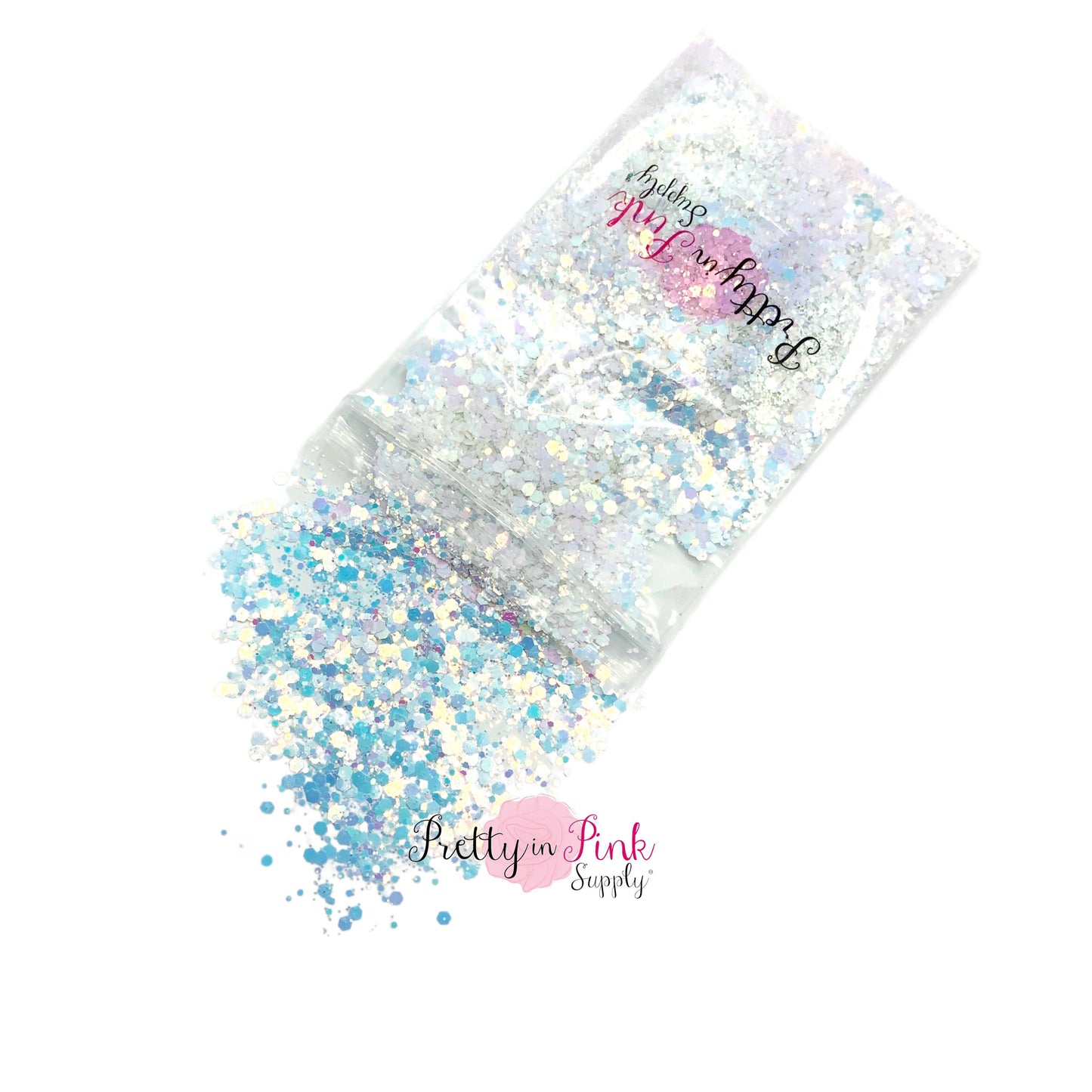 Spilling bag of iridescent blue/white chunky/fine glitter.