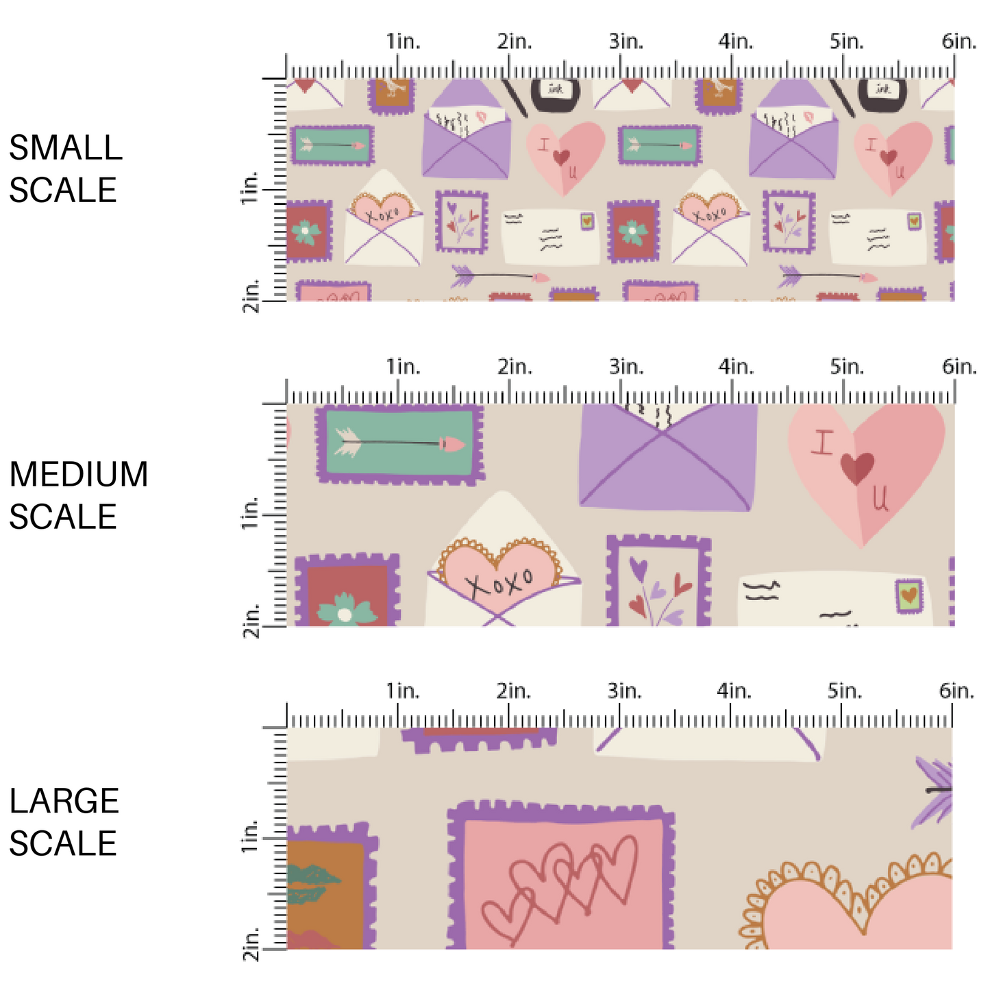 Cream colored fabric image guide with multi-colored envelopes fabric scaling sizes