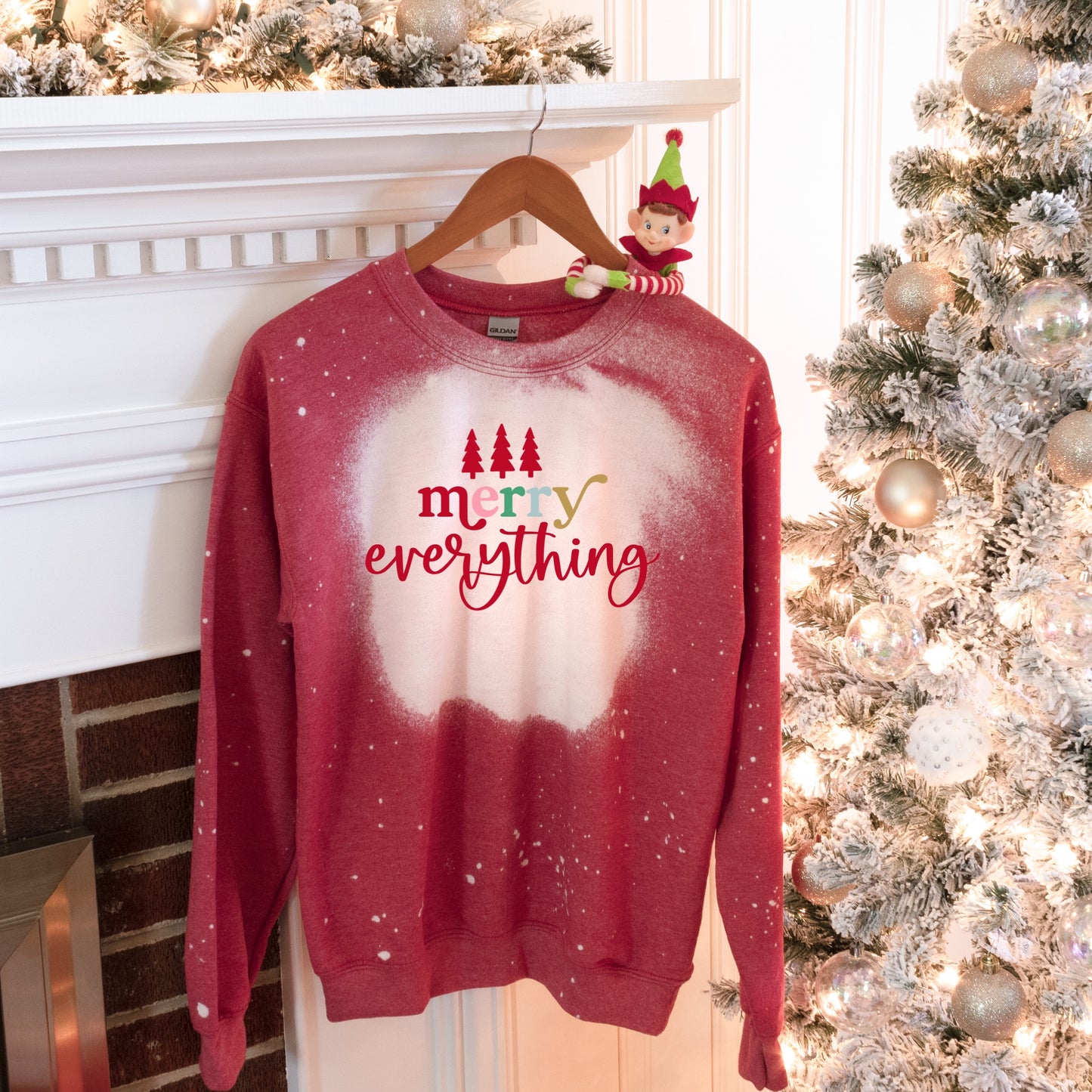 Red Sweatshirt with graphic that says "Merry Everything" Iron on Transfer