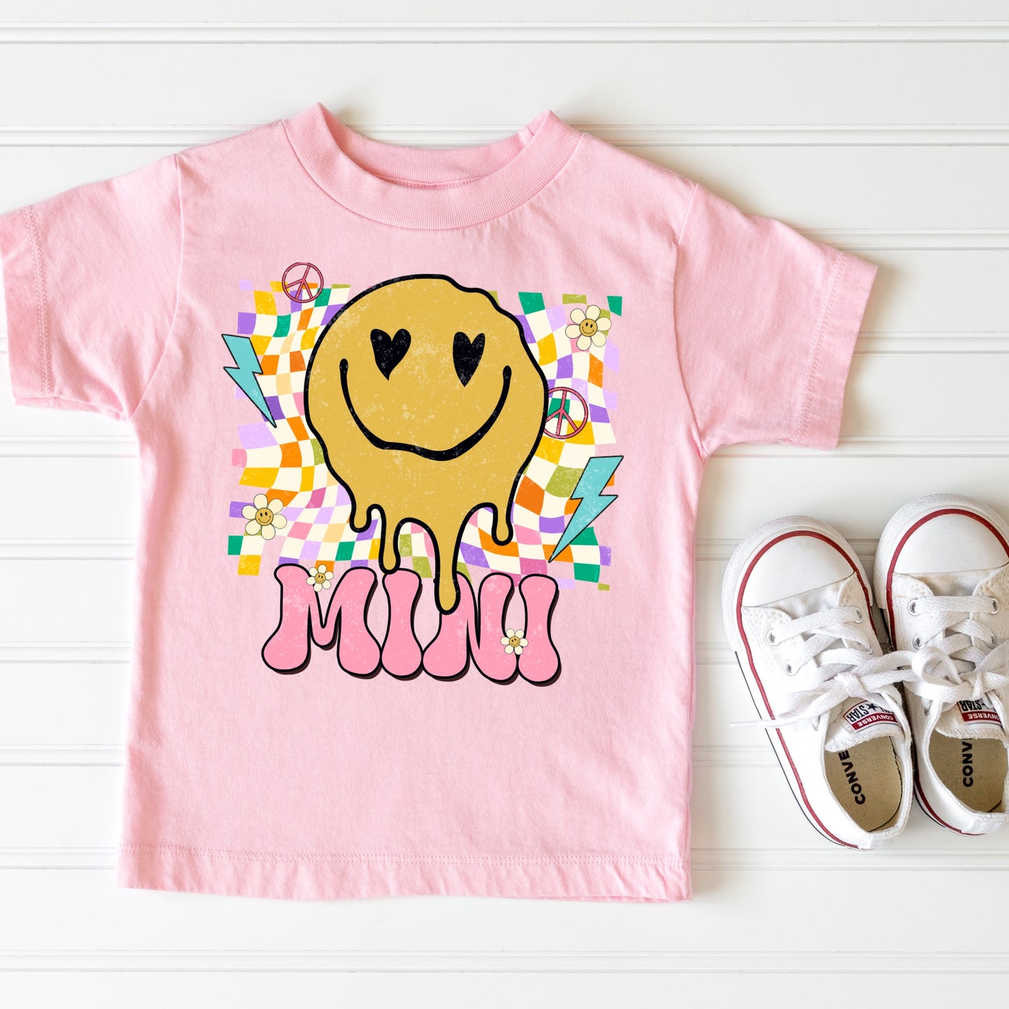 yellow smiley face with heart eyes and the phrase "mini" - Iron on Heat Transfer - Sublimation Transfer