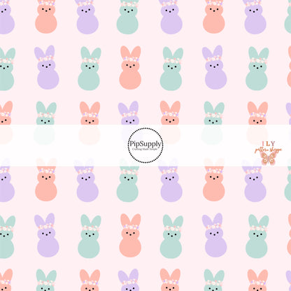 Floral crowns on purple, aqua, and pink bunnies on light pink bow strips