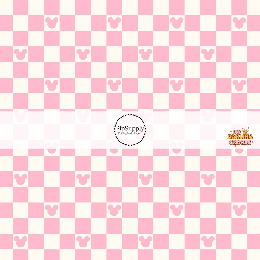 Pink and cream mouse checkered print fabric by the yard.