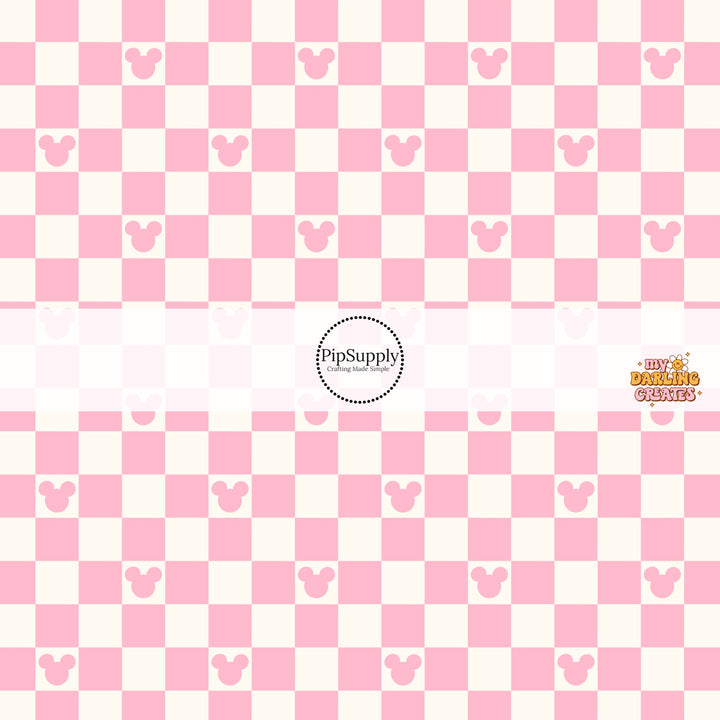 Pink and cream mouse checkered print fabric by the yard.