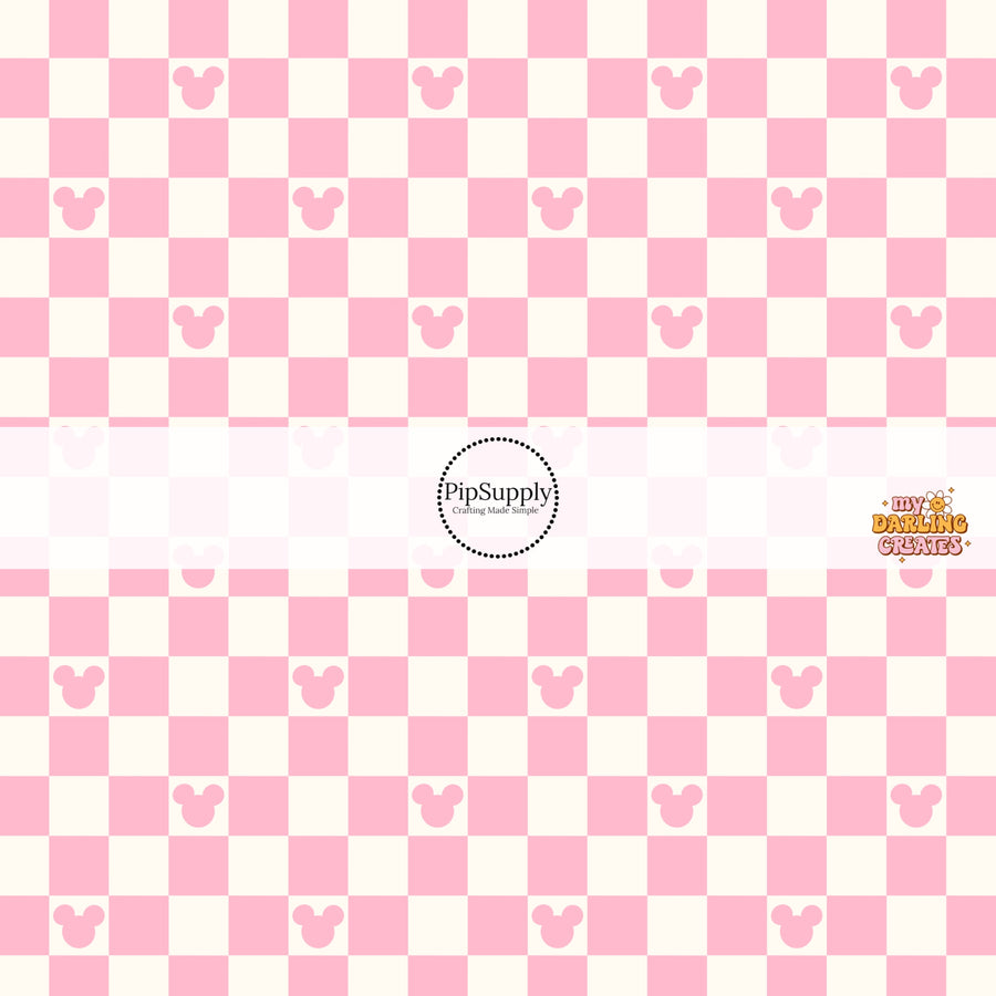 Pink and cream mouse checkered print fabric by the yard.