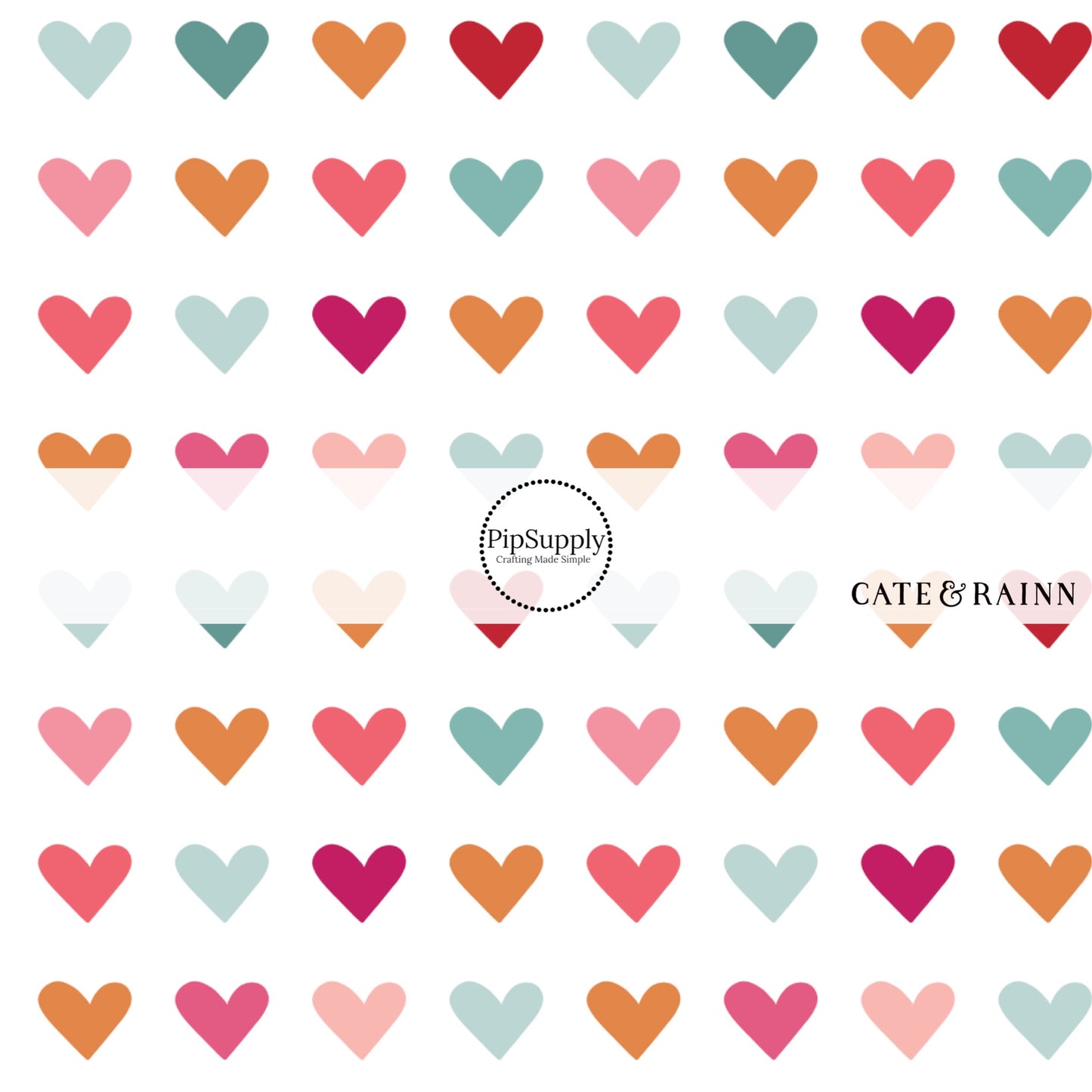 white fabric by the yard with blue, pink, and rust colored hearts - Valentines Day Fabric