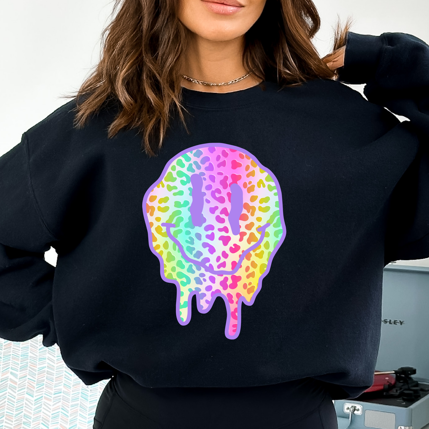Leopard Print Rainbow Drippy Smiley face iron on transfer