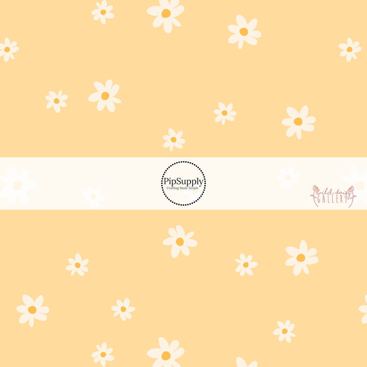 Pale yellow fabric by the yard with white scattered daisies