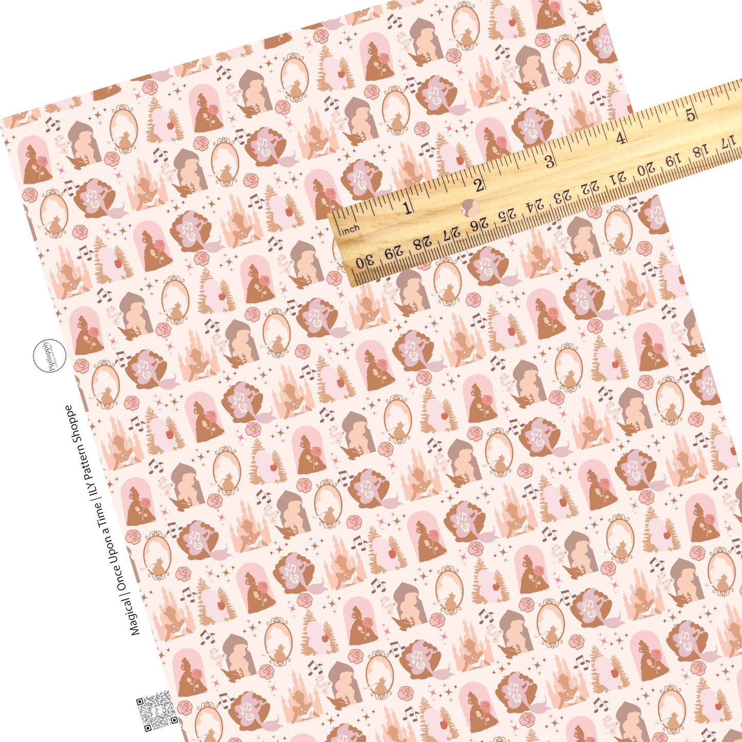 Different princesses in pink with pink accents in a pink faux leather sheet