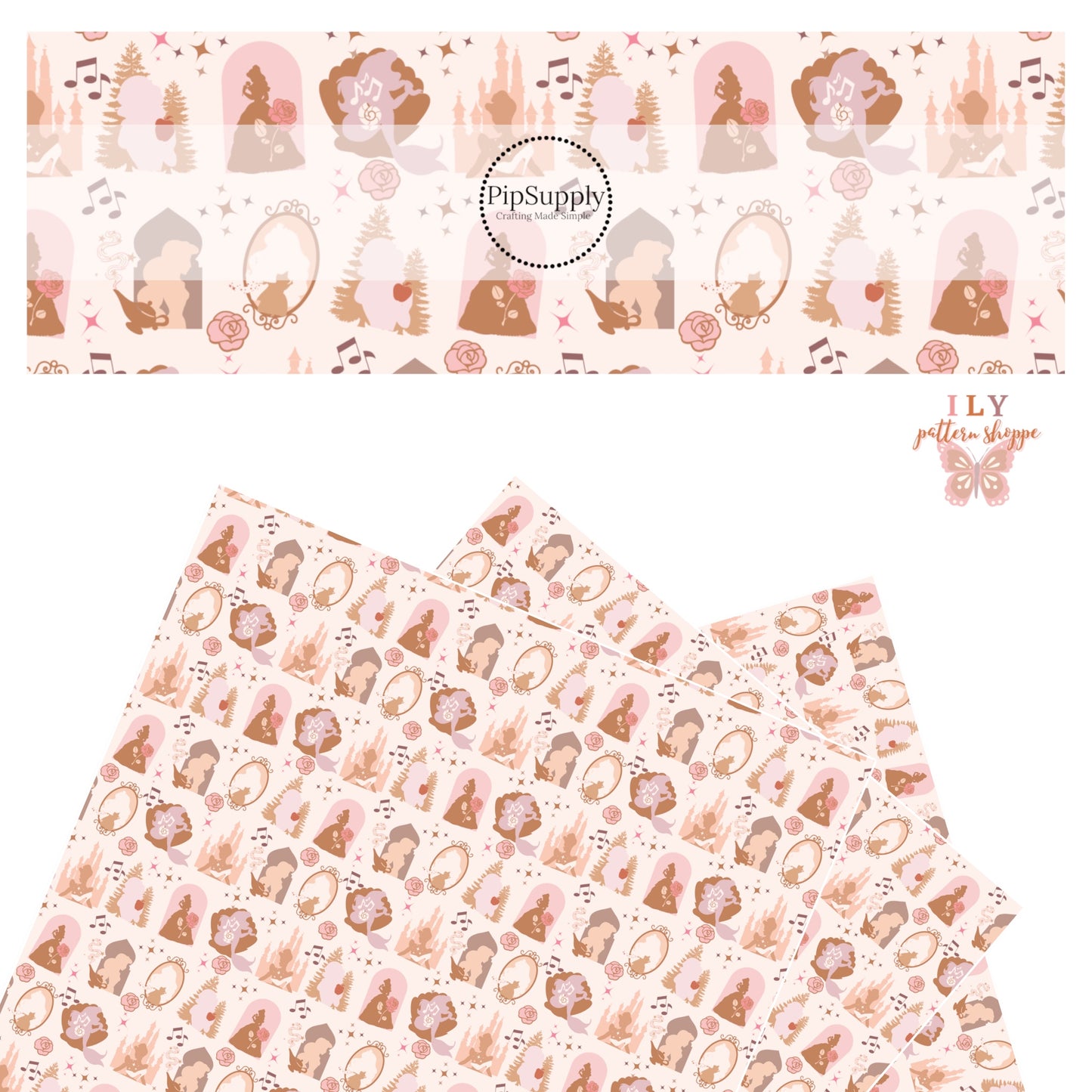 Mermaid princess, glass slipper princess, and beauty princess on a pink faux leather sheet