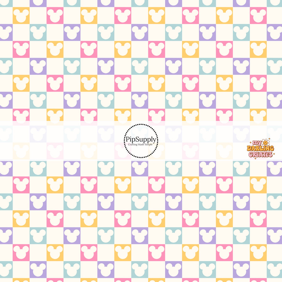 Pastel yellow, pink, purple, and blue mouse checker print fabric by the yard.