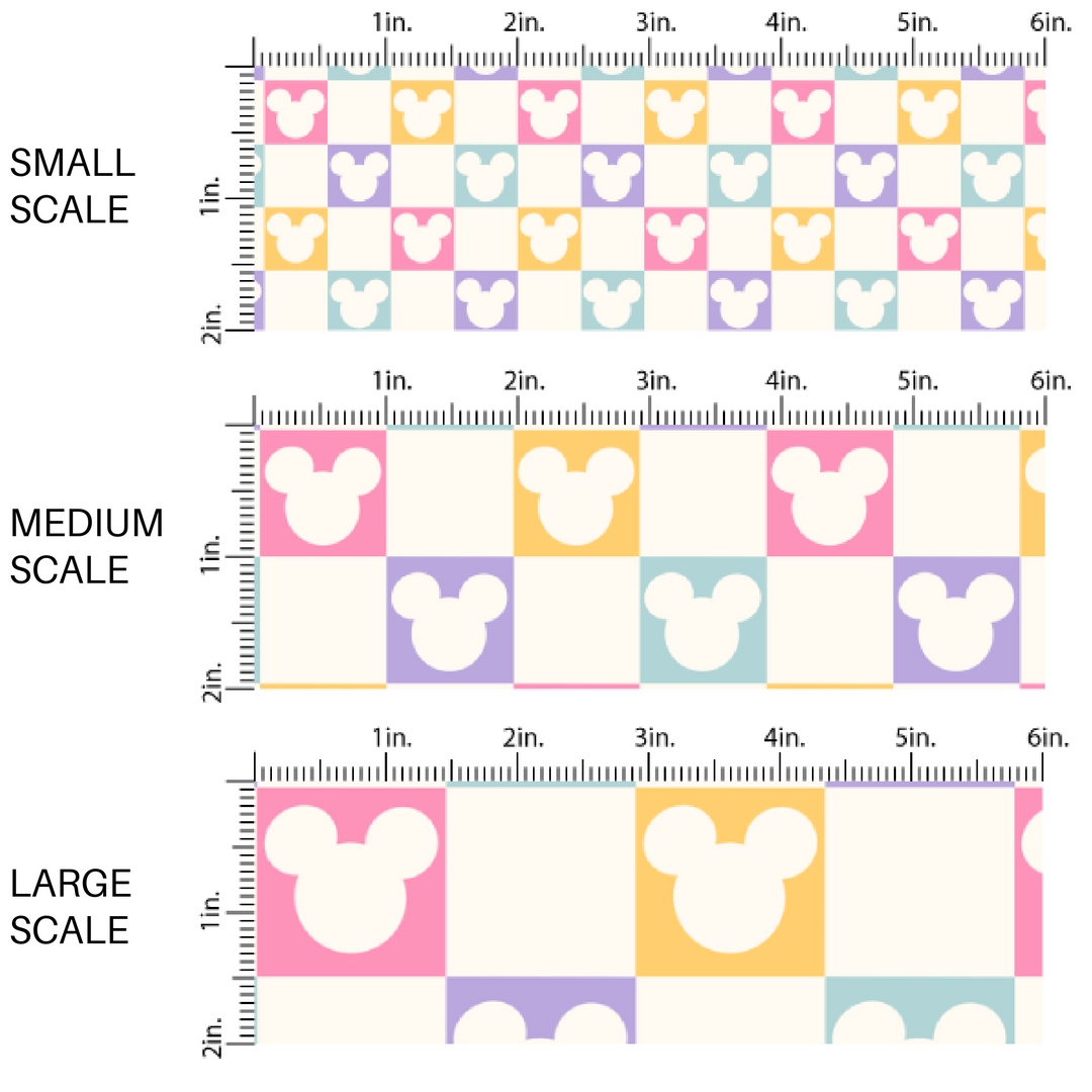 Pastel yellow, pink, purple, and blue mouse checker print fabric by the yard scaled image guide