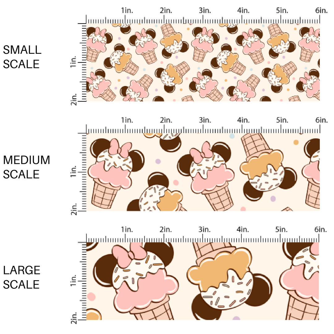 Sprinkled ice cream cones with mouse ears on white polka-dotted fabric by the yard scaled image guide