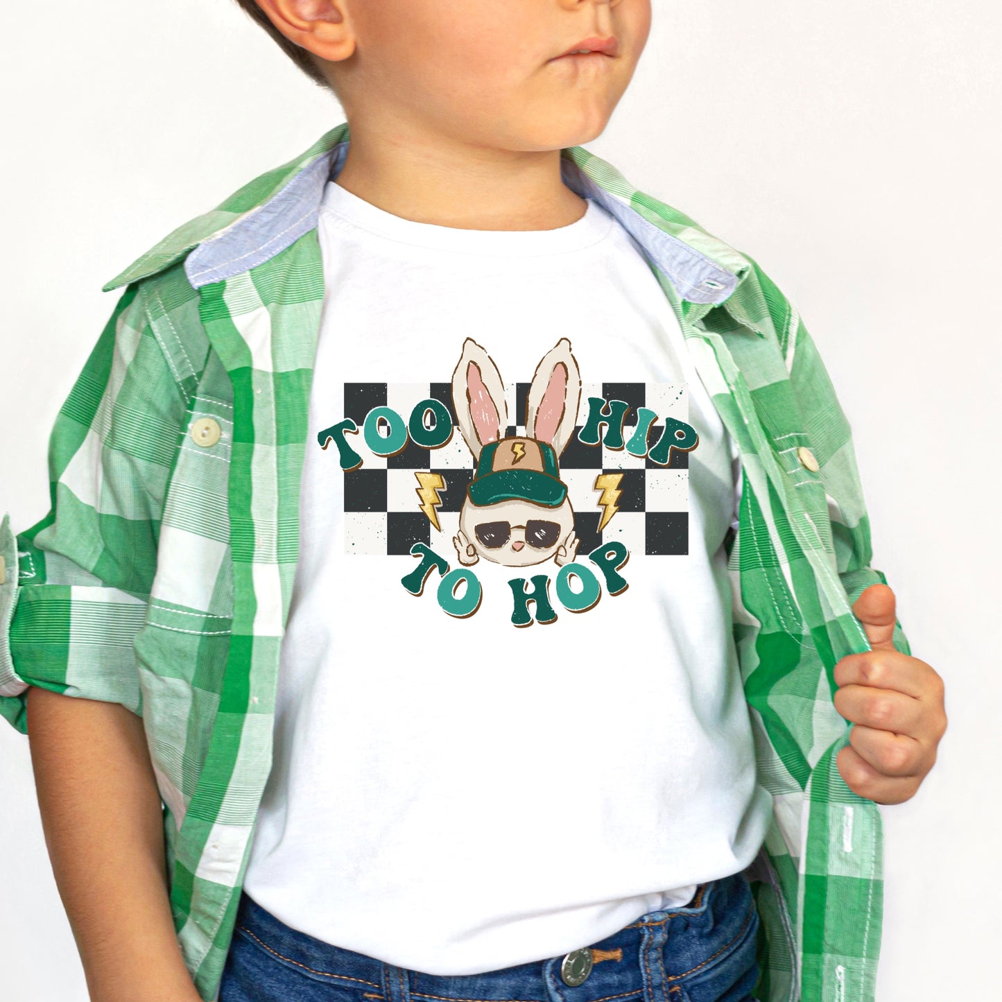 Too Hip to Hop Boy Bunny Rabbit Easter Transfer in Green and Black - Boy Sublimation and DTF Iron on Transfers