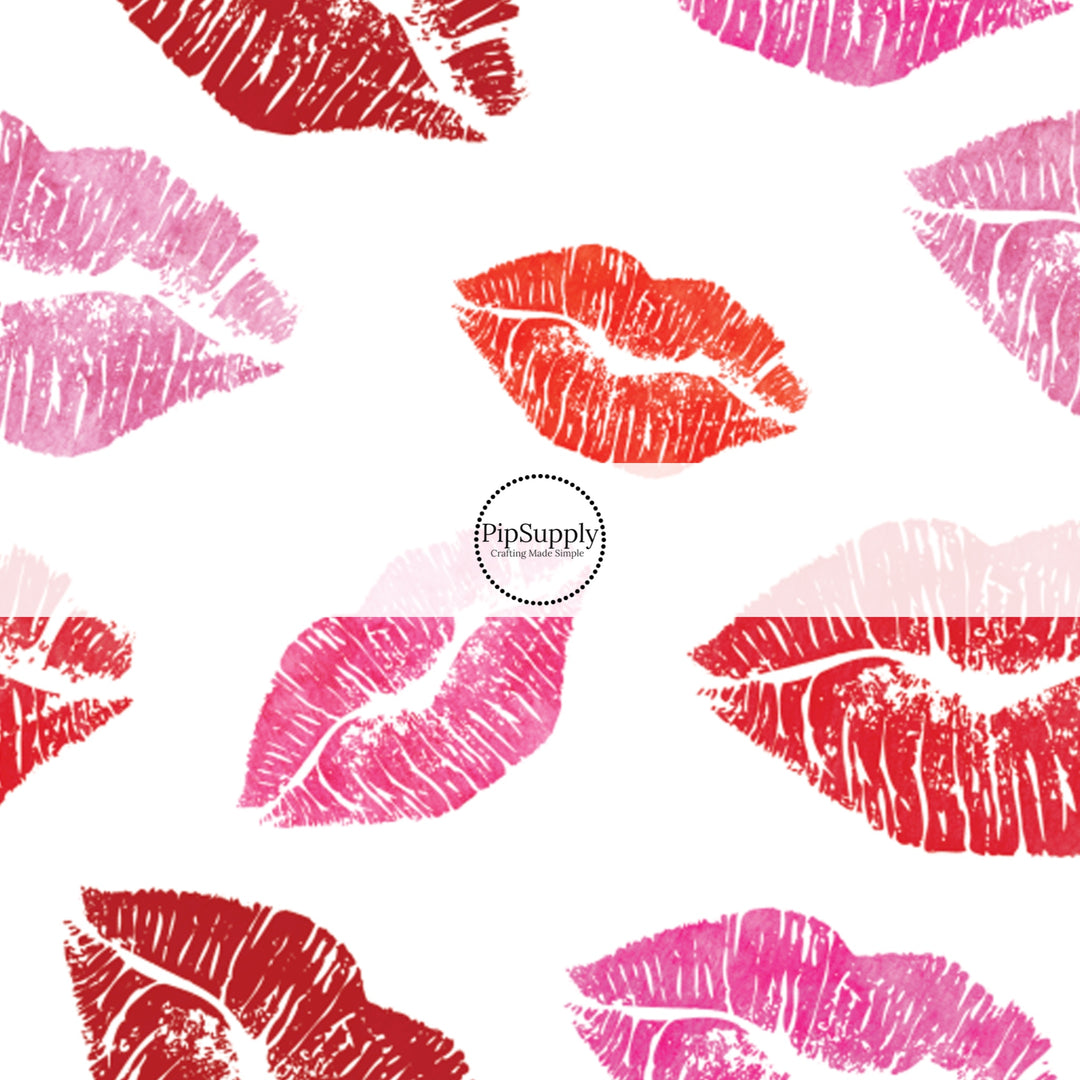 Pattern with a white background and red and pink kiss marks Fabric by the Yard