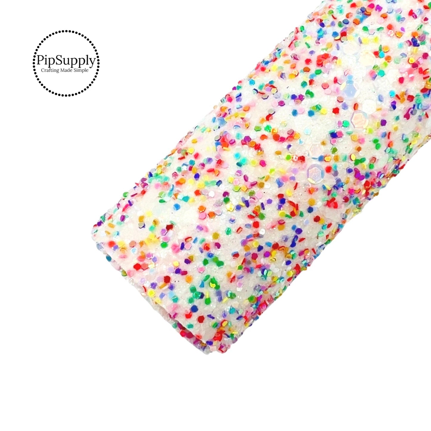 Green, pink, purple, orange, and red glitter on white chunky glitter sheet