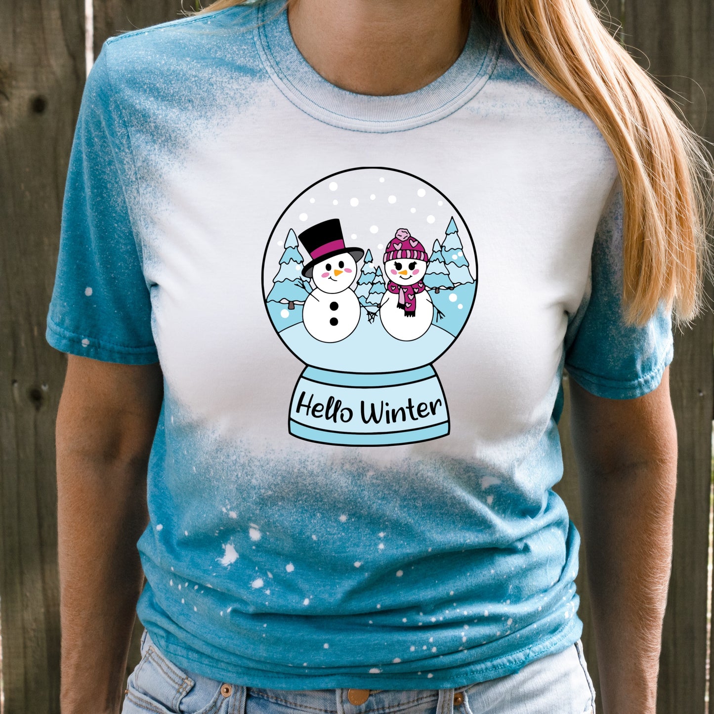 Christmas Graphic Iron On transfer with snowmen and snow globes, and the phrase "Hello Winter" Iron on Transfer
