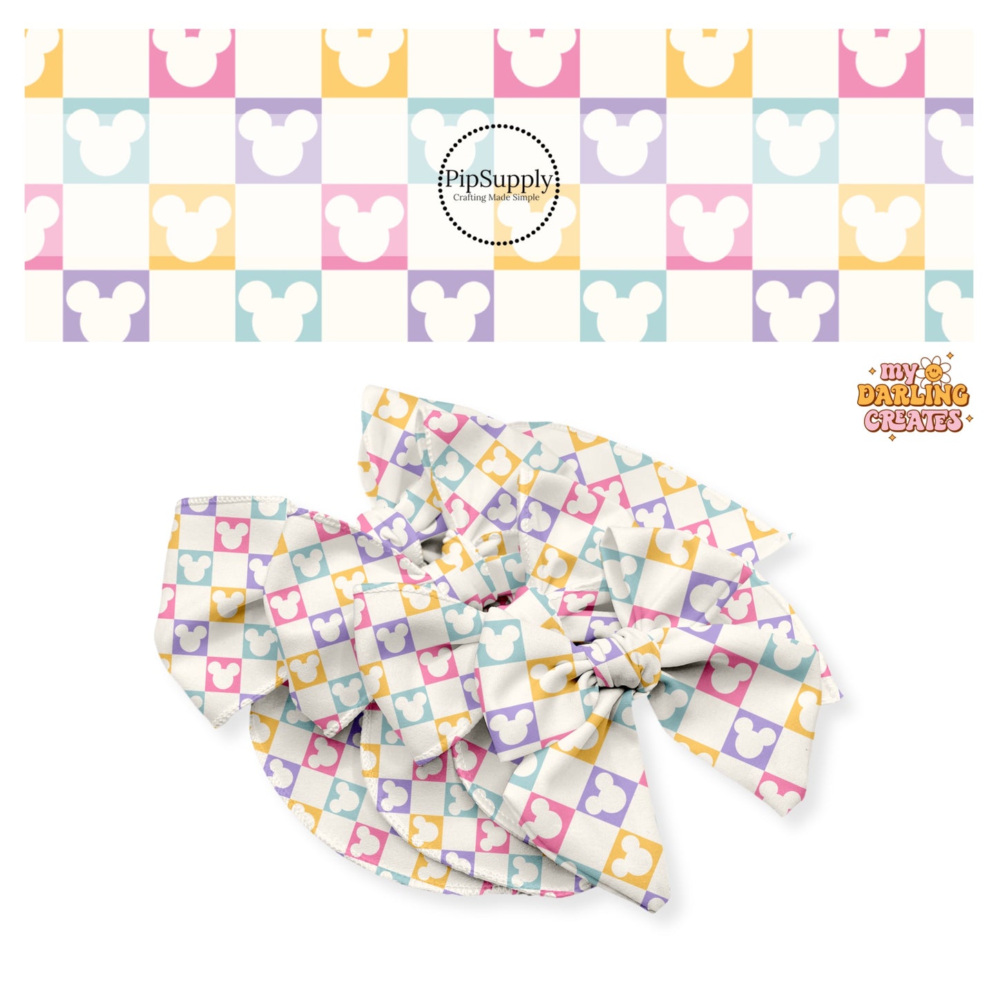 Pastel pink, yellow, purple, and aqua mouse head cutout on cream checkered bow strips