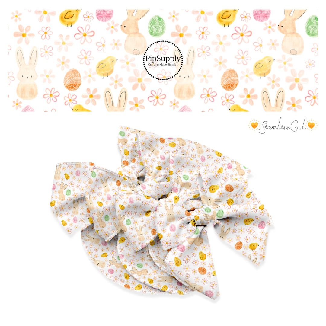 Watercolor bunnies, flowers, chicks, and eggs on white bow strips