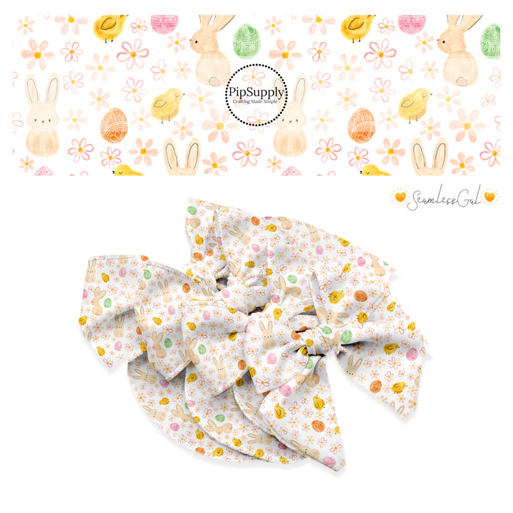 Watercolor bunnies, flowers, chicks, and eggs on white bow strips