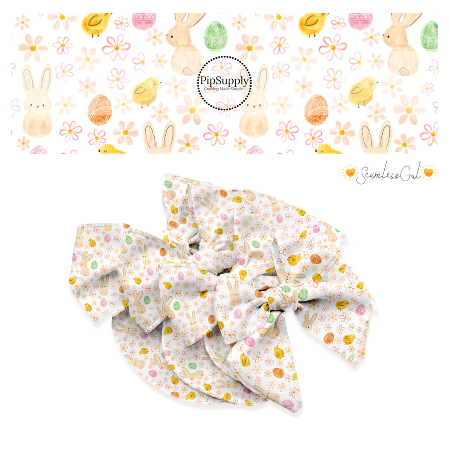 Watercolor bunnies, flowers, chicks, and eggs on white bow strips