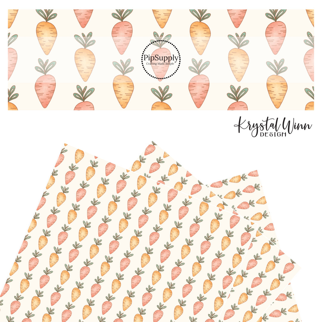 peach and orange carrots on cream faux leather sheets