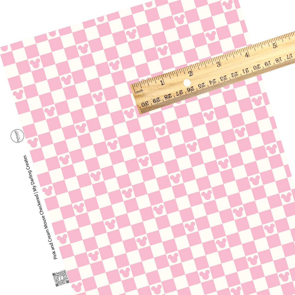 Light pink checkered with pink mouse head on cream checker faux leather sheets