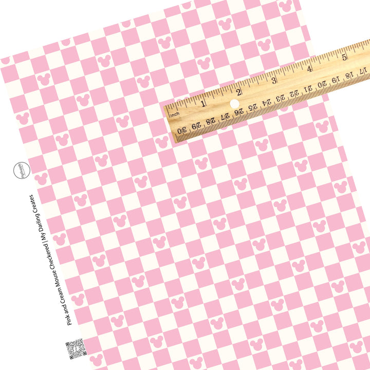 Light pink checkered with pink mouse head on cream checker faux leather sheets