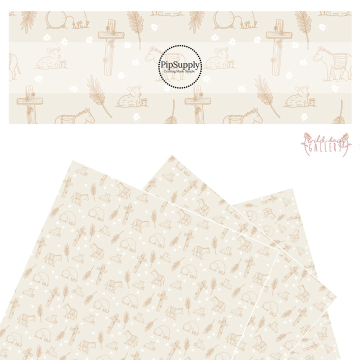 Sheep, donkey, tomg, wooden cross, palm leaves on cream faux leather sheets
