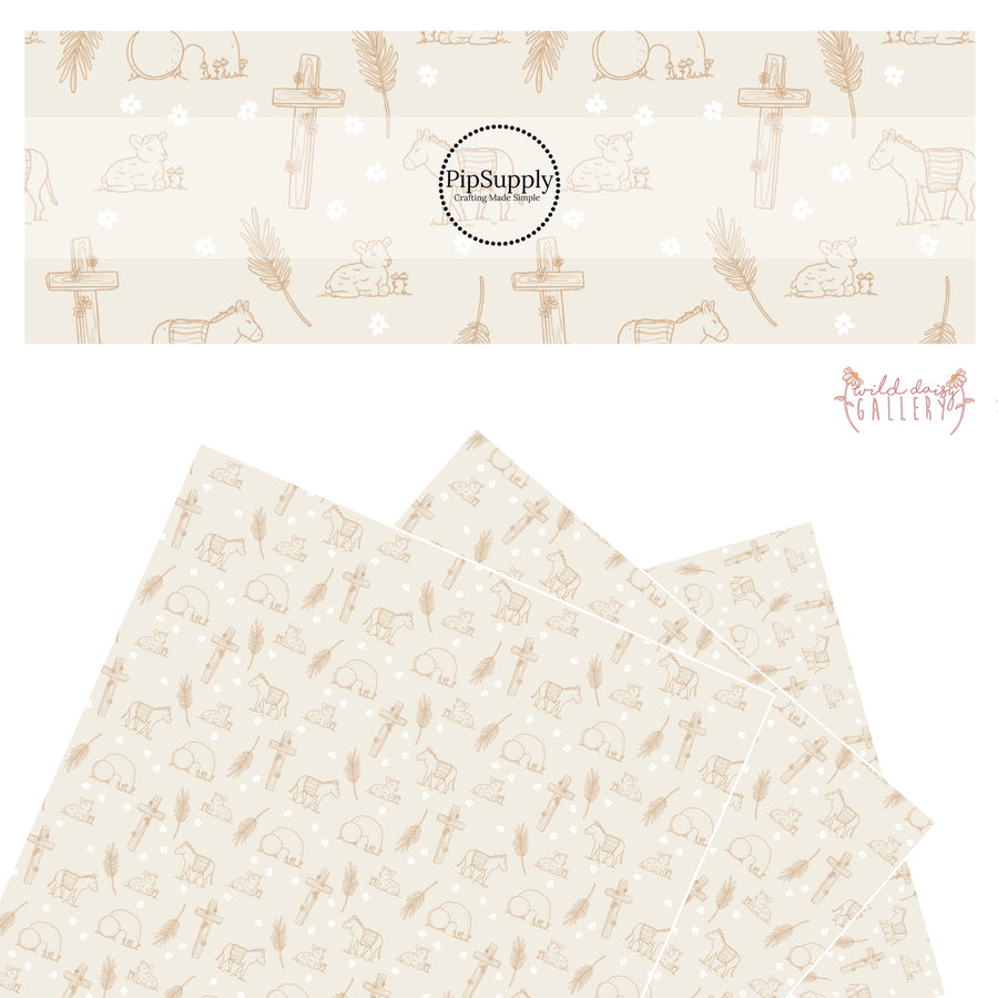 Sheep, donkey, tomg, wooden cross, palm leaves on cream faux leather sheets