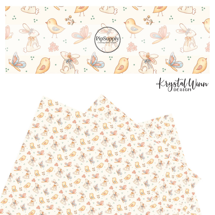 chicks, butterflies, and bunnies on white faux leather sheets