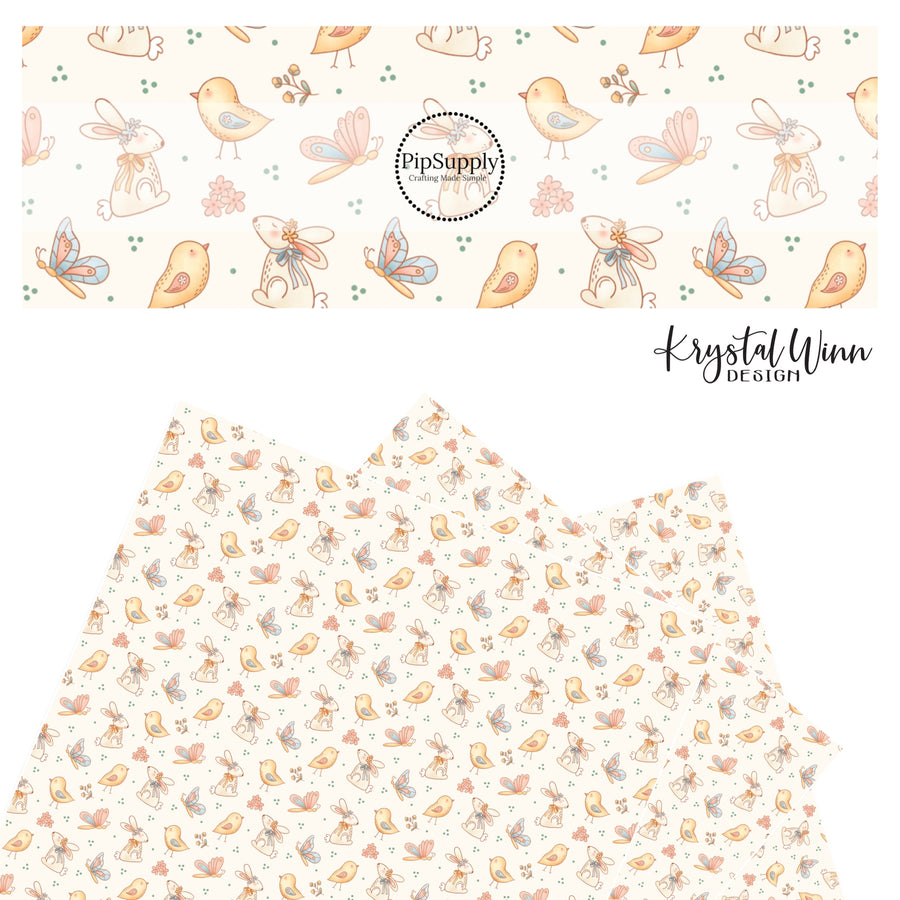 chicks, butterflies, and bunnies on white faux leather sheets