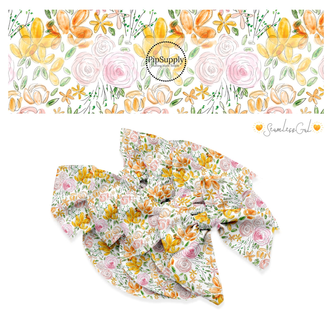 Pink, peach, and orange watercolor flowers on white bow strips