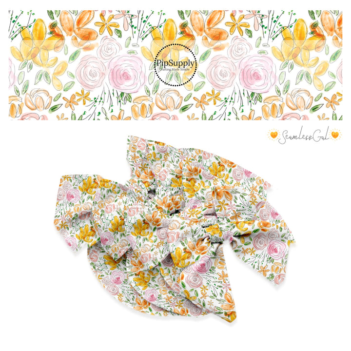 Pink, peach, and orange watercolor flowers on white bow strips
